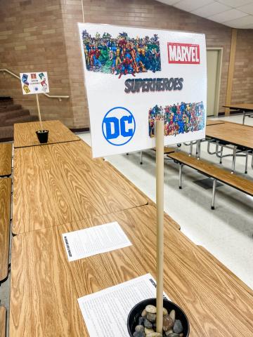 "Table Topic" sign for superheroes