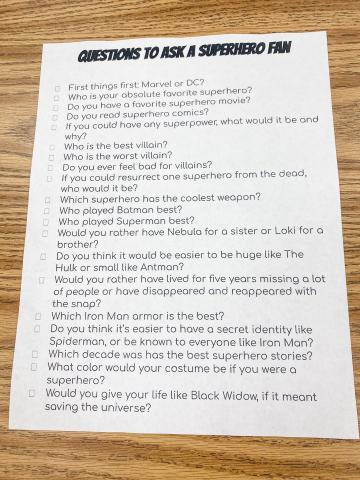 Superhero fan questions for students to ask each other